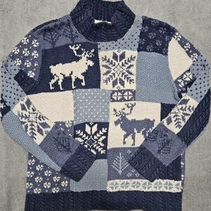 Vintage Jones New York Hand Knit Womens Sweater Medium Blue White Reindeer 90s